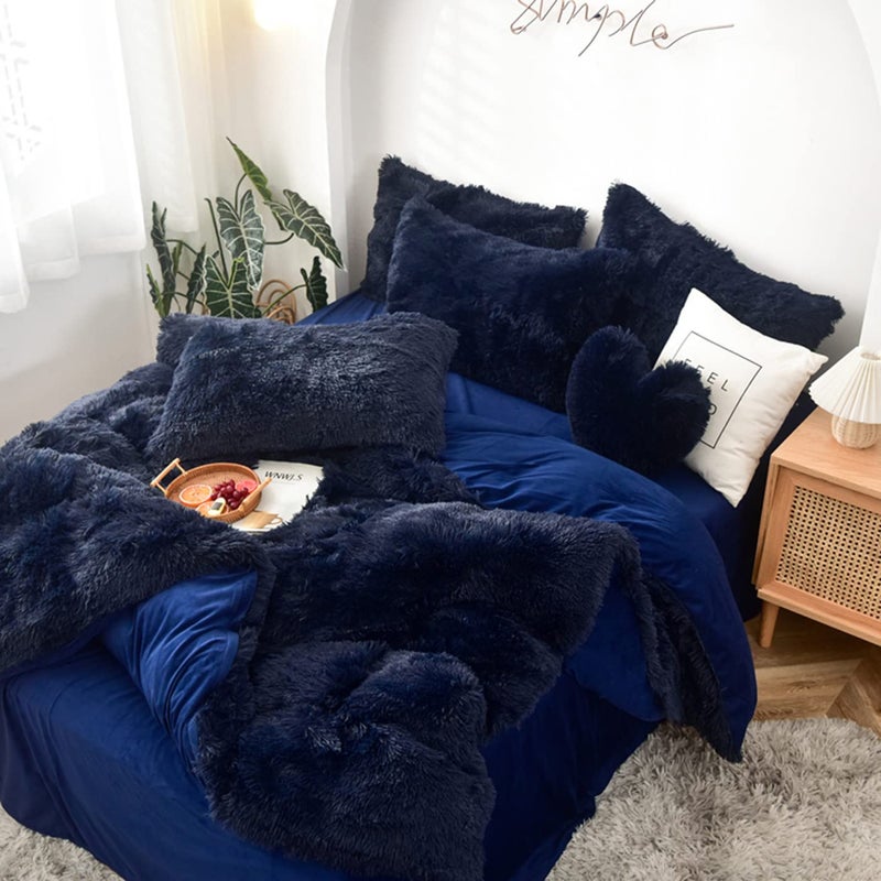 MorroMorn 5 PCS Shaggy Duvet Cover Bedding Set - Long Faux Fur Luxury Ultra Soft (Navy, Full/Queen) - Image 5